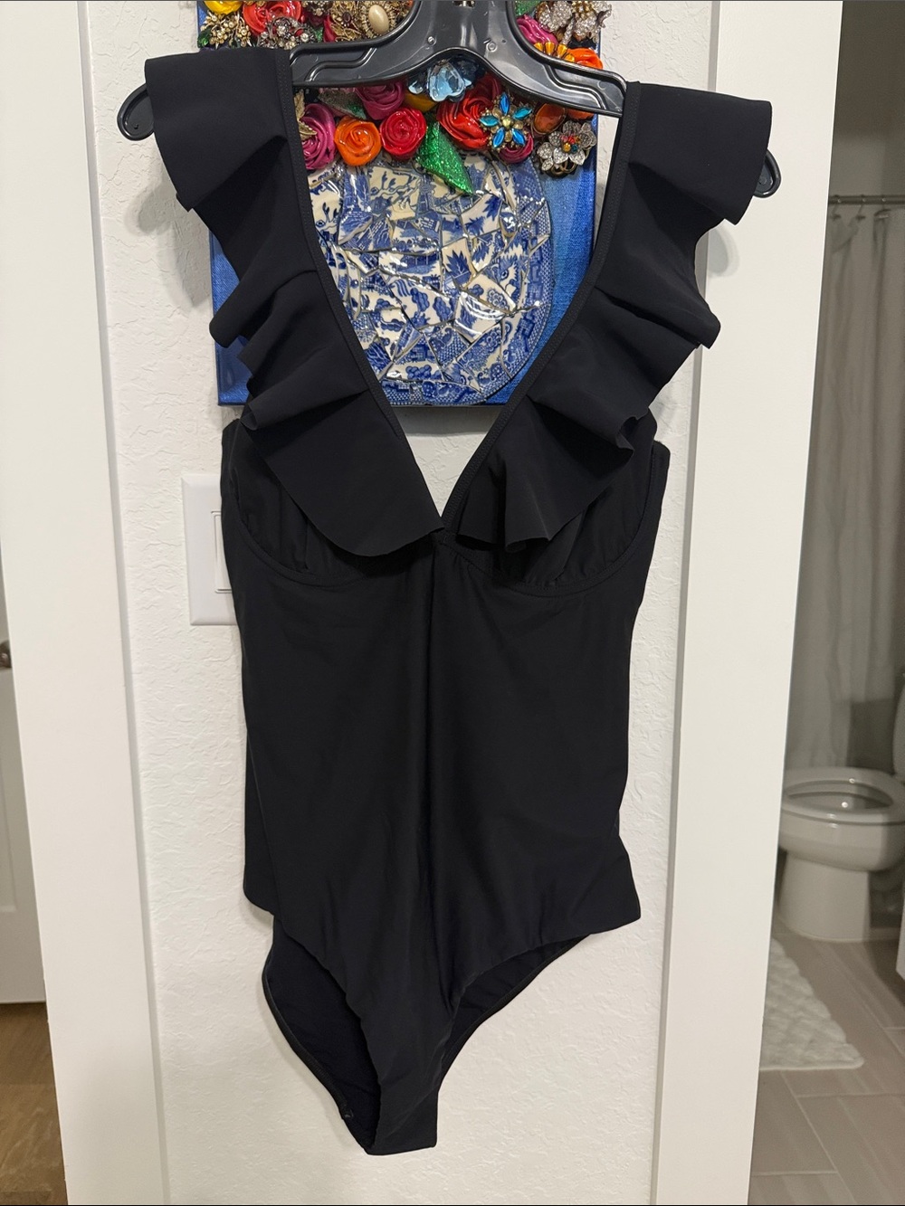BONDI BORN Black Ruffled One-Piece Swimsuit